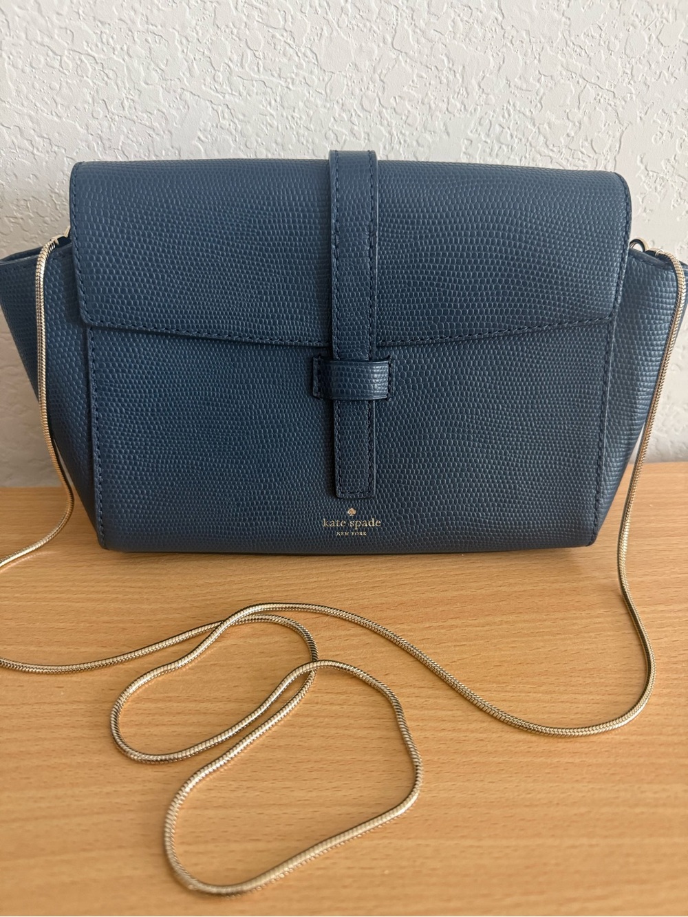 kate spade navy pebbled leather crossbody with gold chain